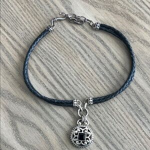 Vintage Black Onyx & Sterling Silver Pendant Necklace - 1980s Leather Strap